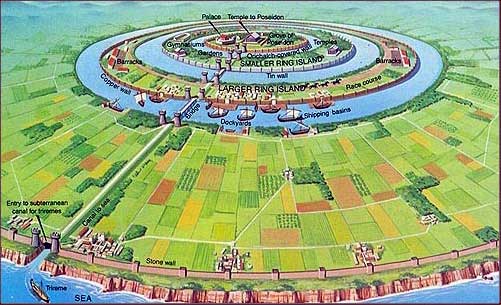 According to Plato, the capital of Atlantis was a 14 mile wide complex of canals, walls, gardens, barracks and a public race track, arranged in circles around a royal palace and temple to the sea god Poseidon, the city's patron.
