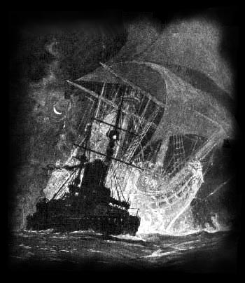 Illustration by Gregory Robinson for Rudyard Kipling’s poem Seven Seas. A vessel sights the Flying Dutchman.