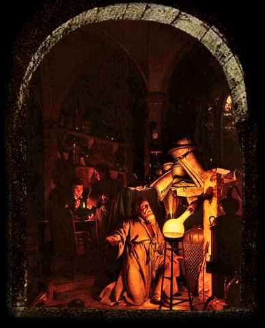 In this painting, The Discovery of Phosphorus (Derby Art Gallery), the dazzled alchemist kneels awestruck before the luminous spectacle of phosphorus within his receiver.